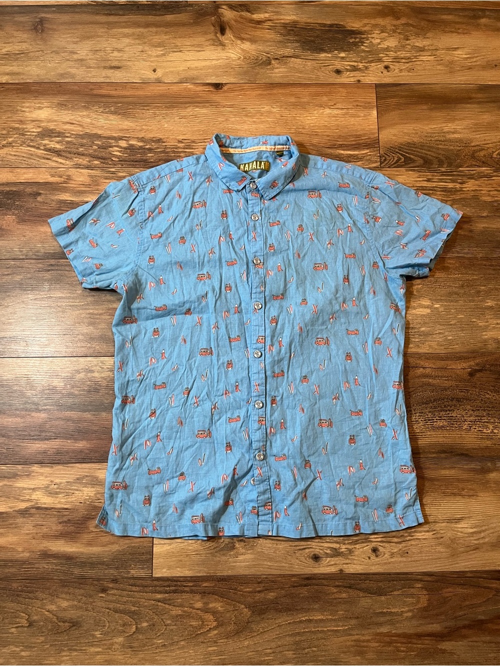 Kahala 1936 Men’s Large Hawaiian Aloha Shirt Blue Surf Van Print Linen AOP Retro